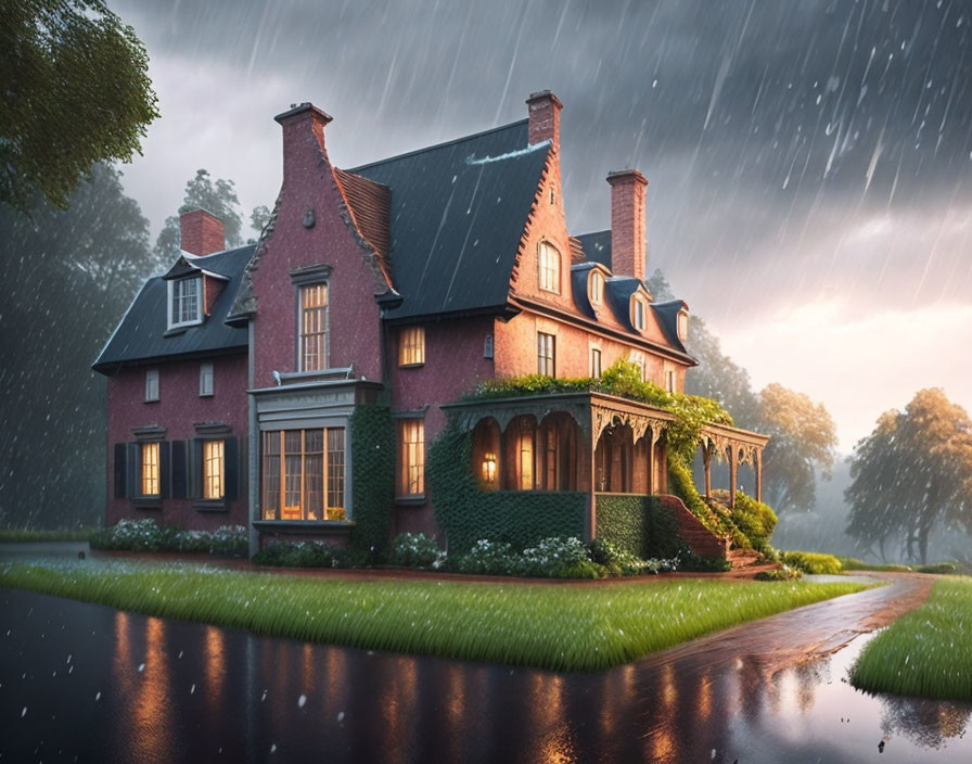 Red Brick House with Multiple Chimneys and Covered Porch in Tranquil Rain Shower