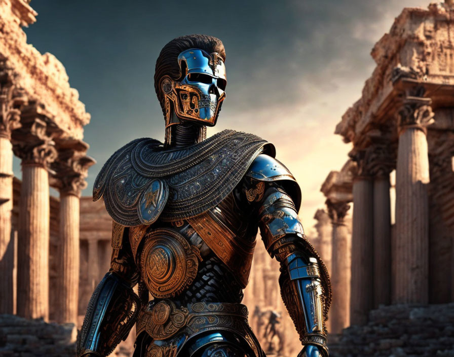 Detailed Greek warrior robot amidst ancient ruins under dramatic sky