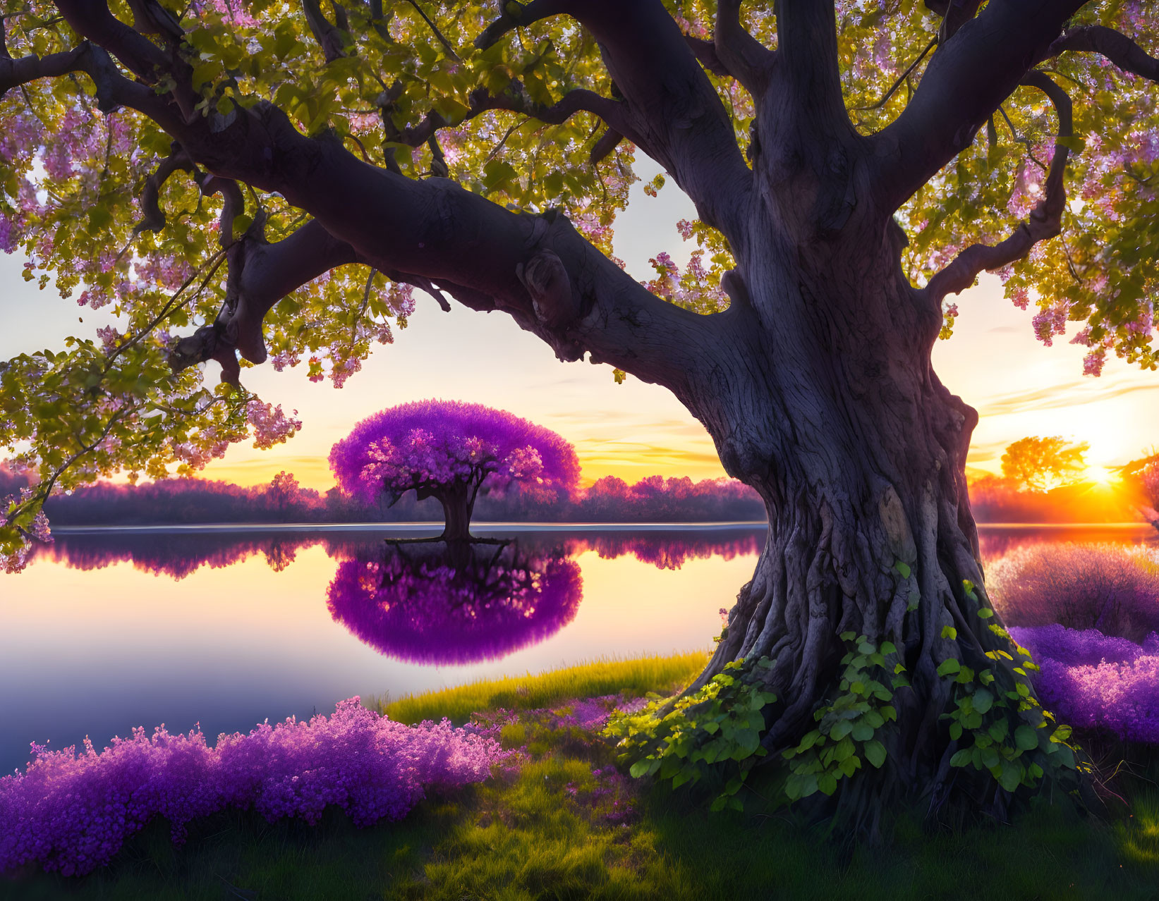 Tranquil sunset landscape with majestic tree, purple blossoms, reflective lake