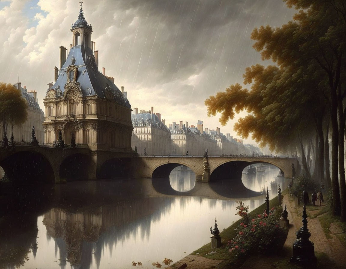 European-style bridge over calm river with historical buildings - Rainy scene