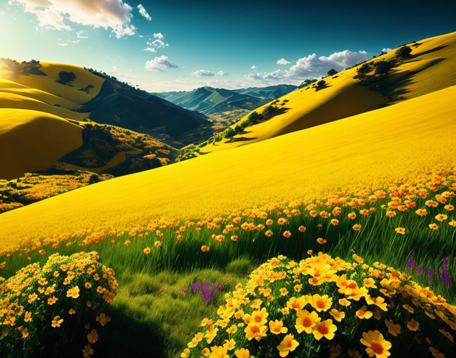 Vibrant wildflowers on rolling hills under a blue sky