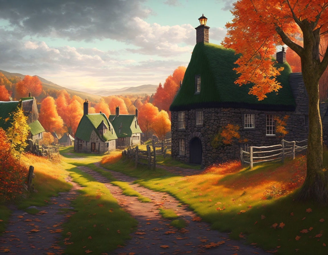 Rustic stone cottages and autumn trees in village landscape