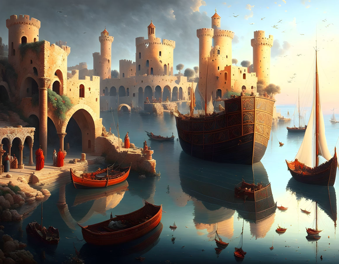 Ornate castles, arches, boats, and galleon in a sunset seascape