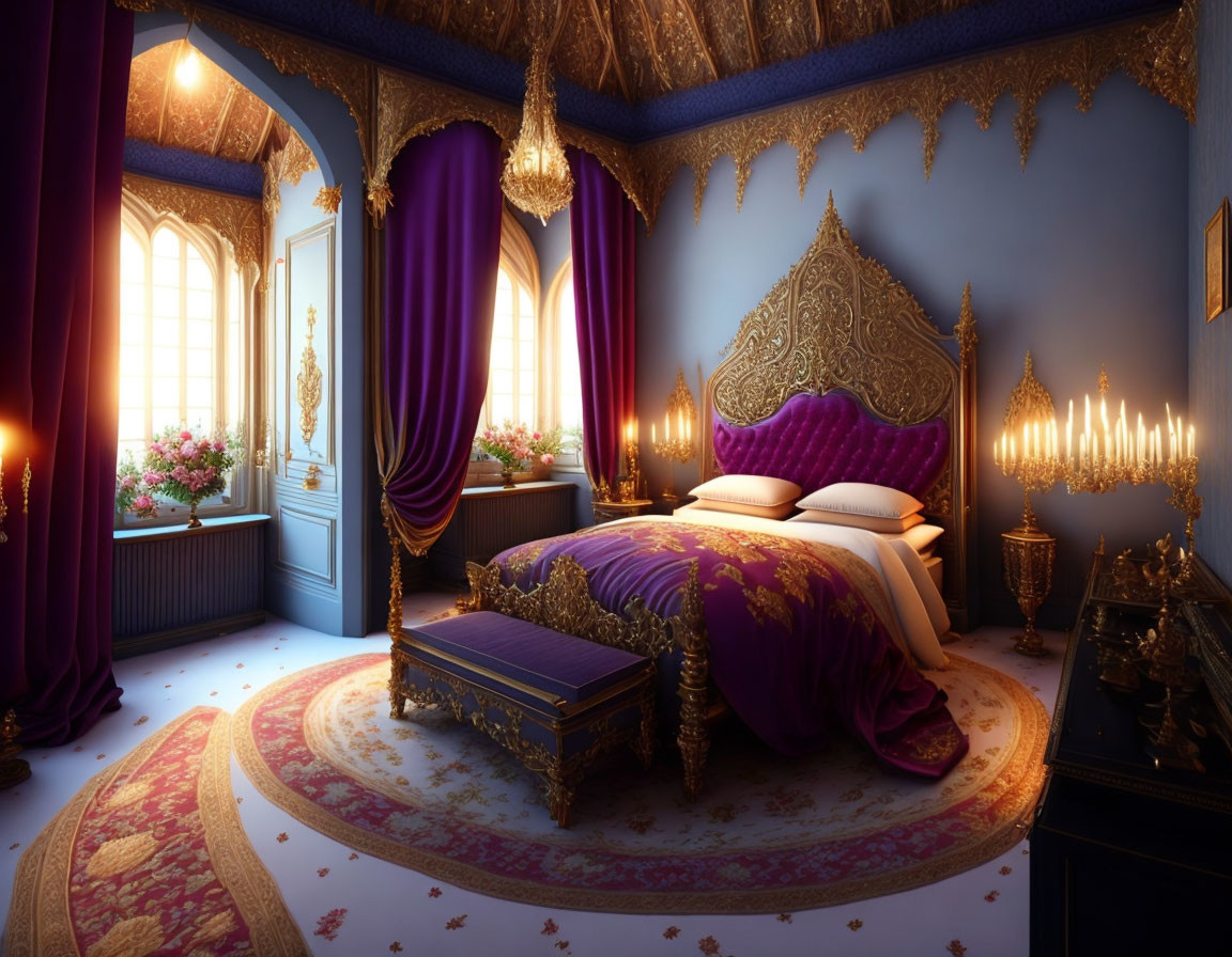 Luxurious royal bedroom with four-poster bed, gold accents, plush purple bedding, candles, and