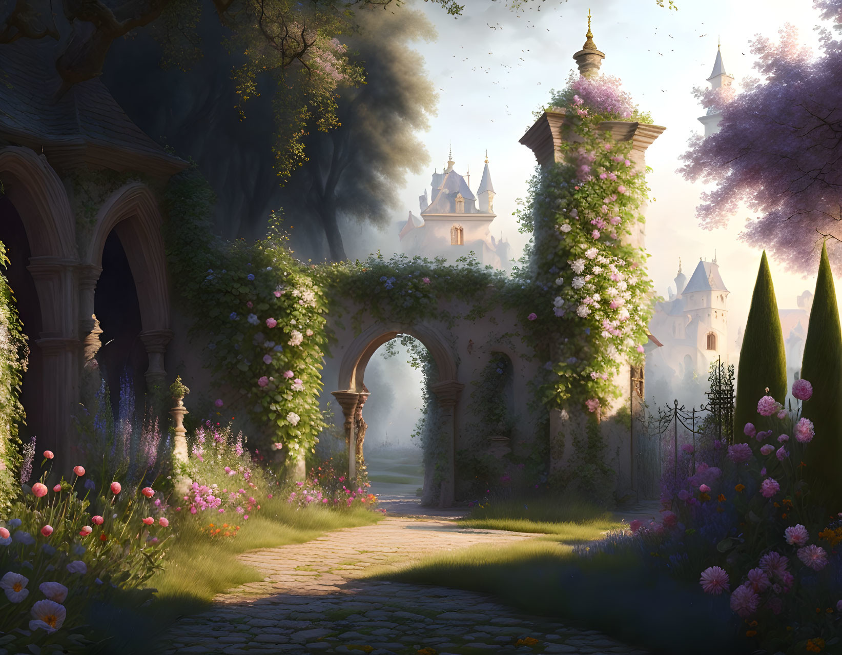 Tranquil fantasy garden path with archway, castle, and lush flora