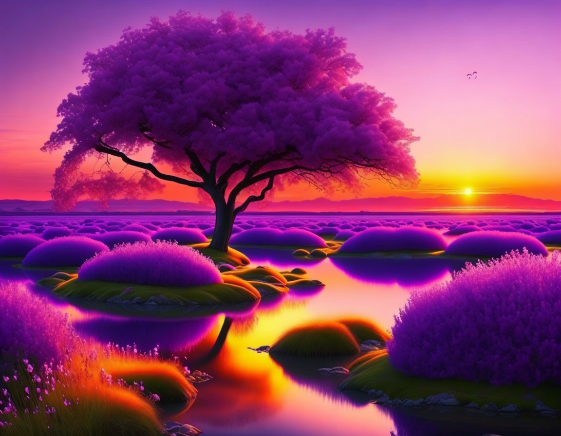 Colorful surreal sunset landscape with purple tree and floating islands