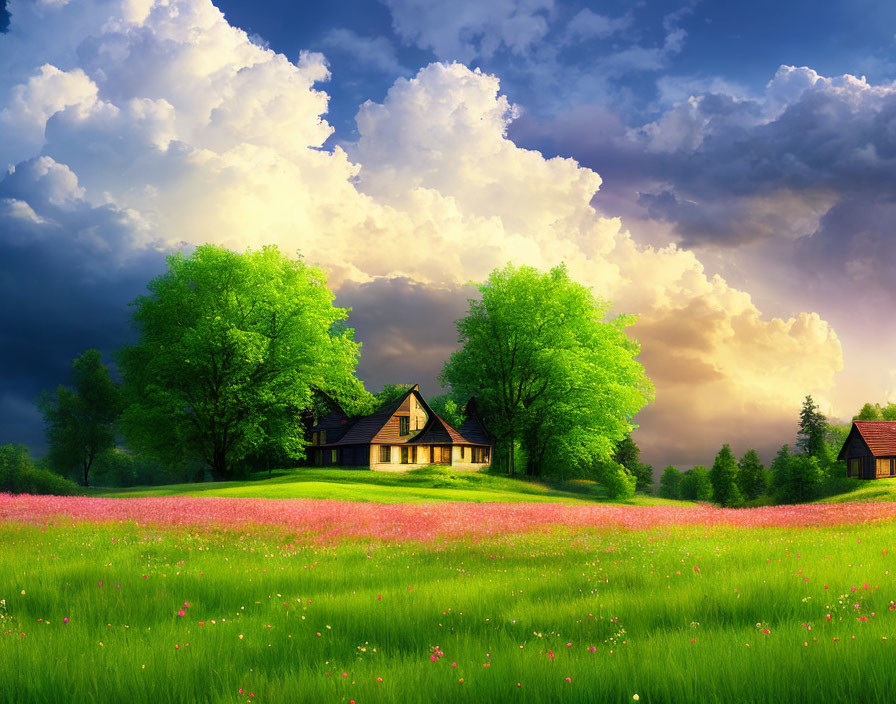 Vibrant landscape with pink flowers, green trees, house, and dramatic clouds
