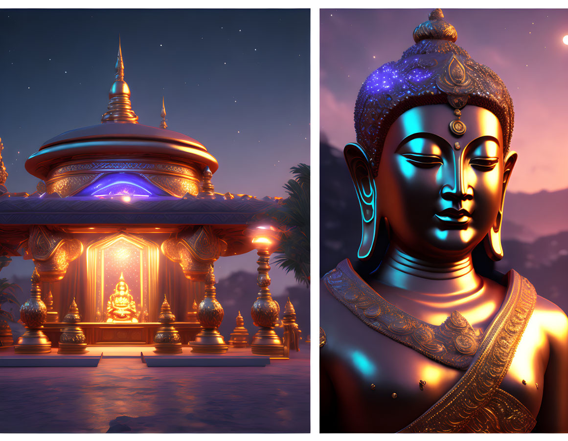 Digitally-rendered serene temple with golden Buddha statue under starry sky.