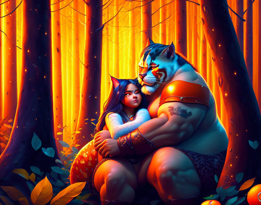 Illustration of young girl with cat-like features embraced by tiger in magical forest