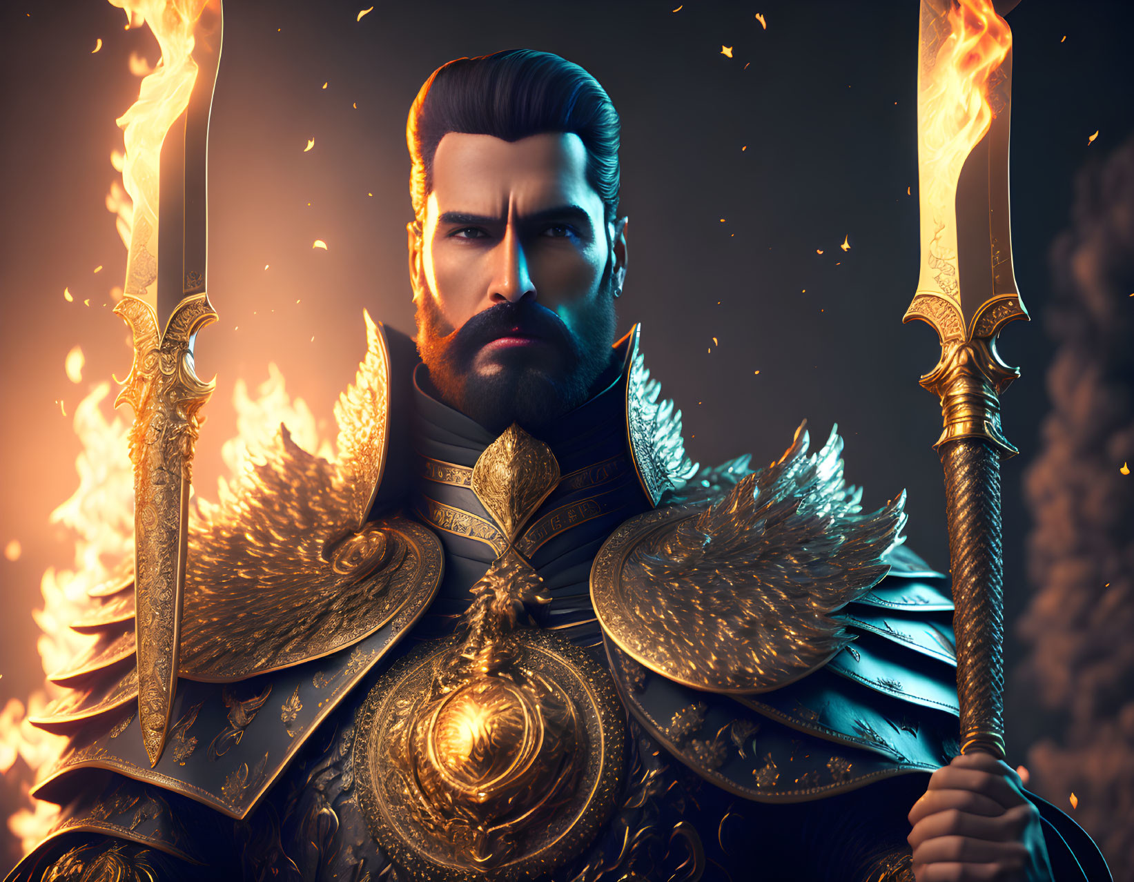 Regal bearded warrior in golden armor with flaming torches