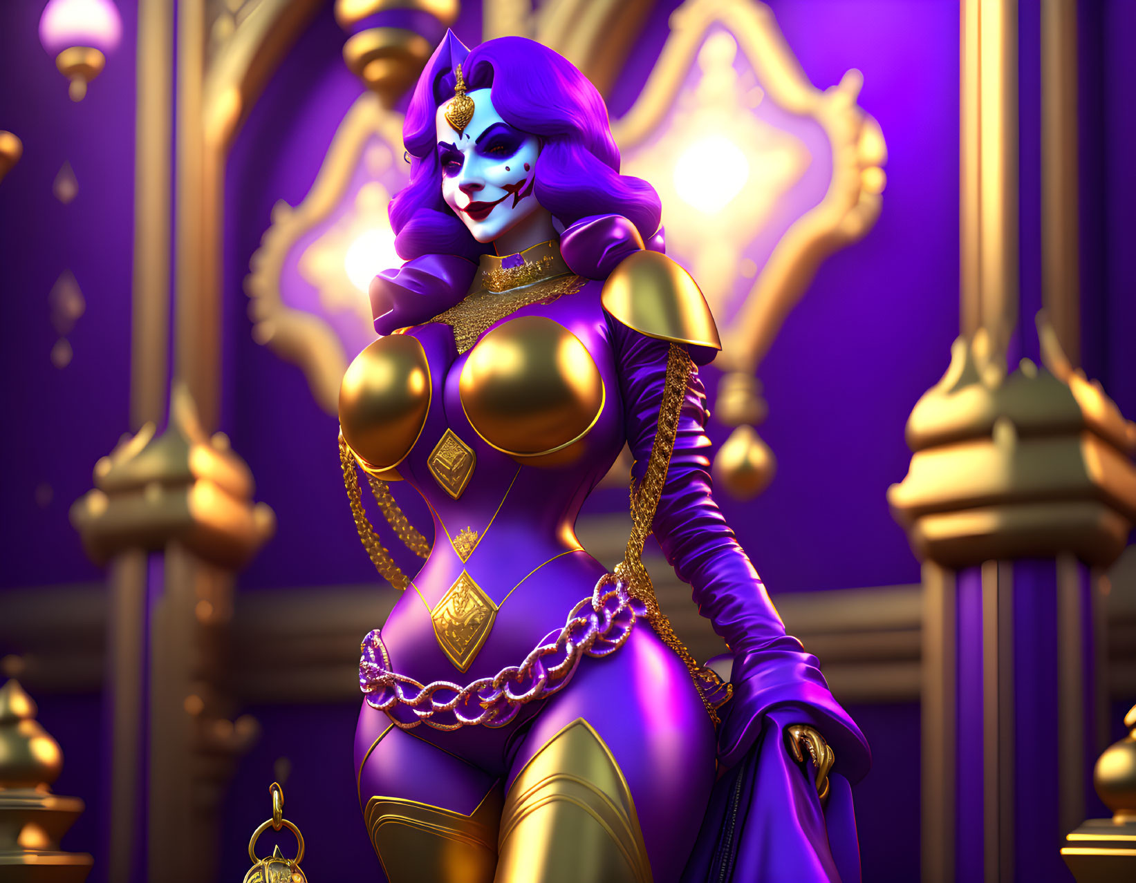 Purple-skinned fantasy queen in golden armor and jewelry, standing among golden pillars