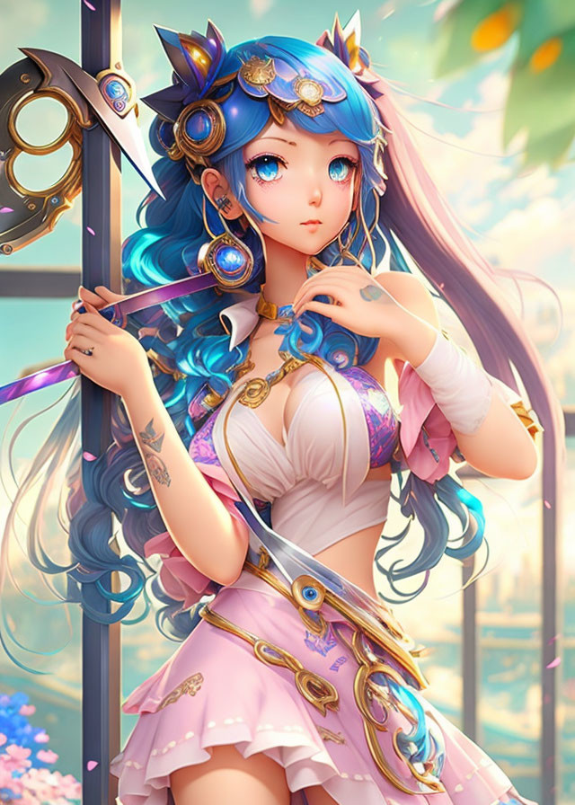 Blue-haired character with golden and blue accessories in front of vibrant backdrop wearing pink outfit with celestial motifs.