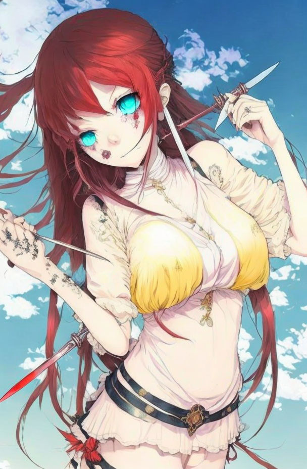 Red-haired anime-style girl with sword and facial scars in yellow and white outfit against sky background