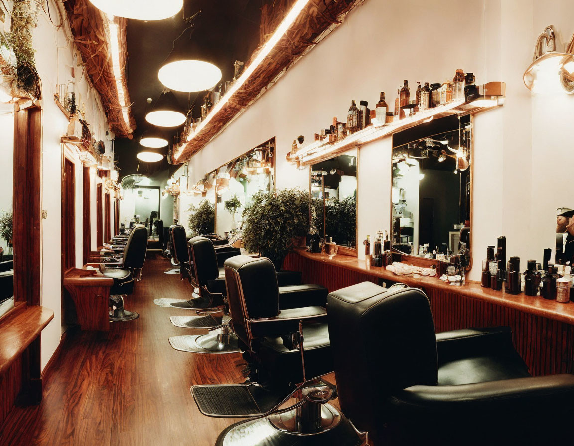 Vintage-style Barbershop Interior with Illuminated Mirrors & Wooden Floors