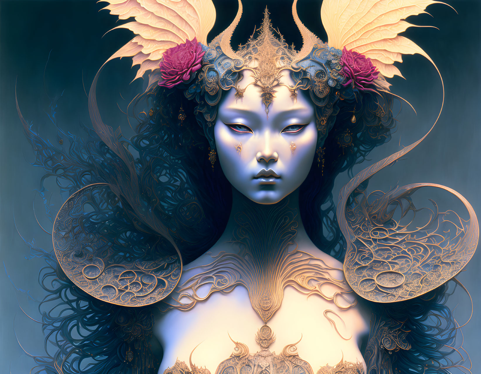 Blue-skinned figure with golden headdress and mystical aura.