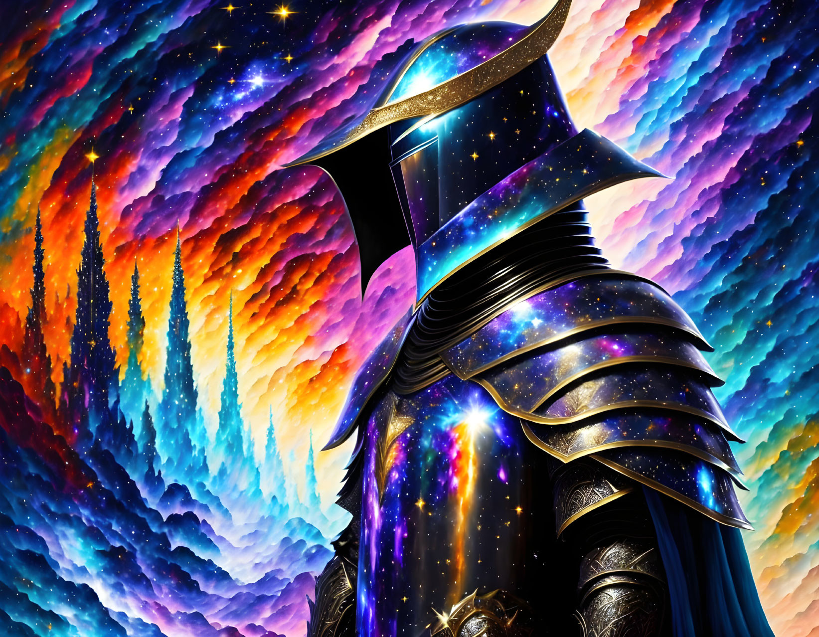 Celestial knight in shining armor against cosmic backdrop