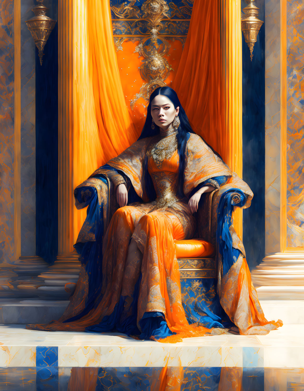 Regal woman in golden dress on throne with orange fabric and architectural backdrop