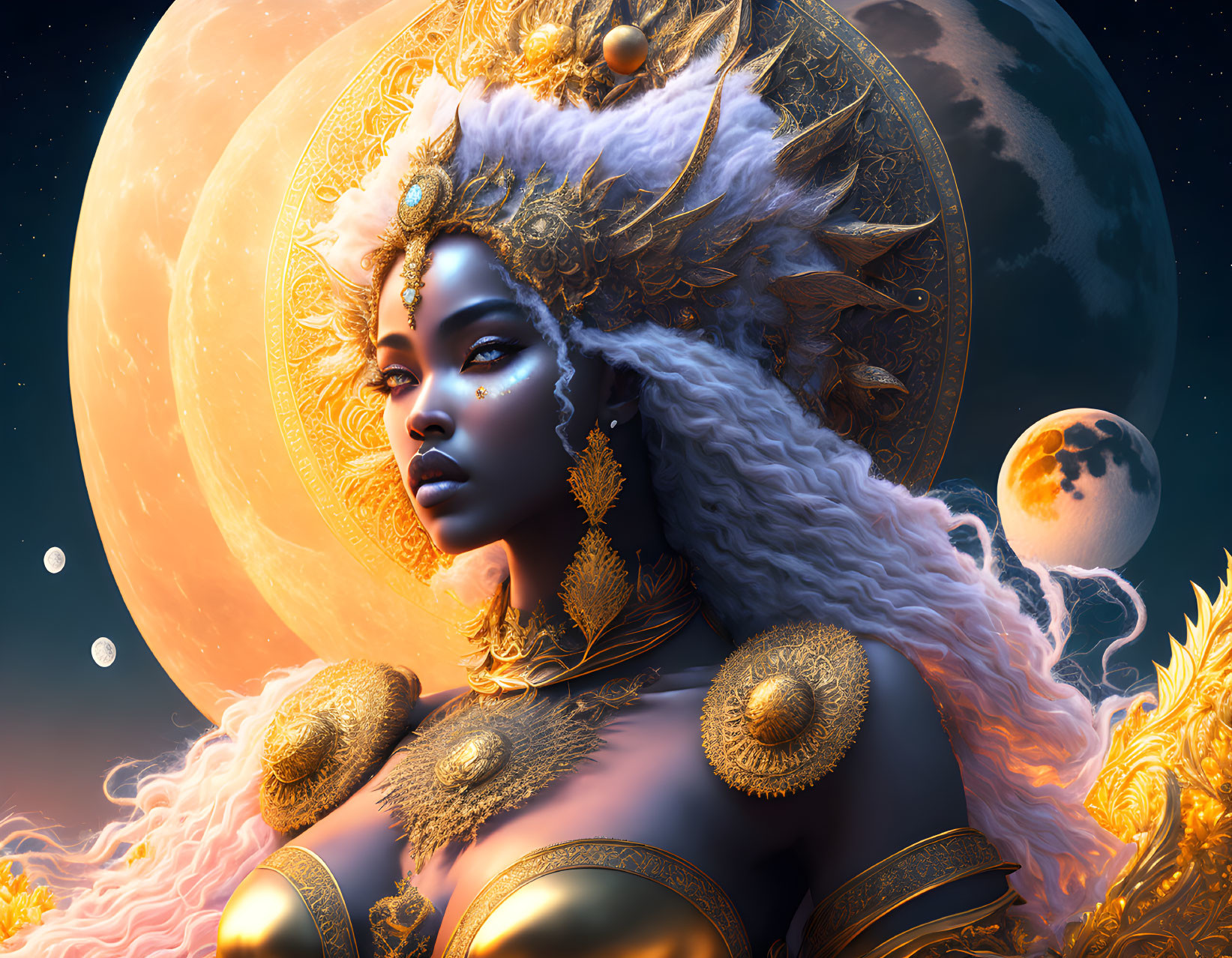 Golden-armored figure in cosmic setting with celestial bodies.