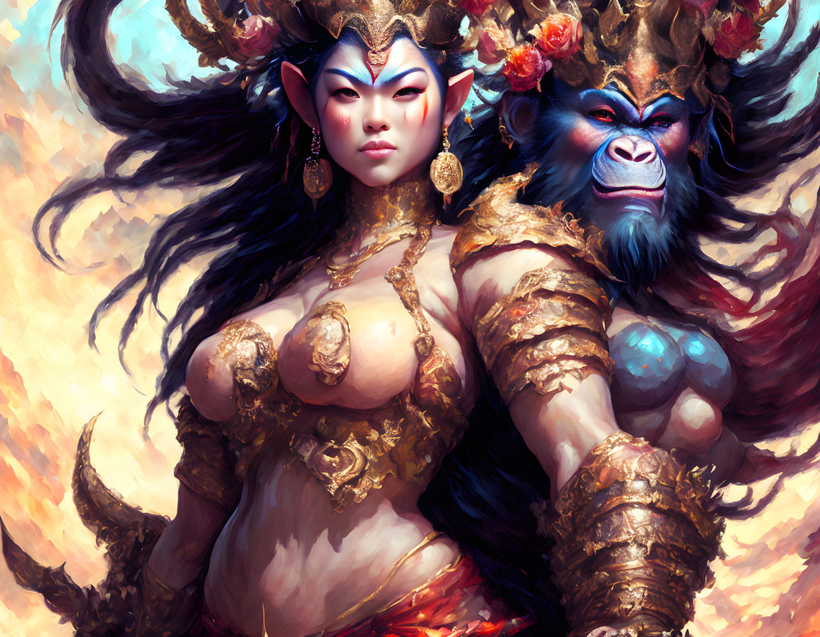 Colorful fantasy illustration of woman with blue face paint and golden accessories with blue-faced being