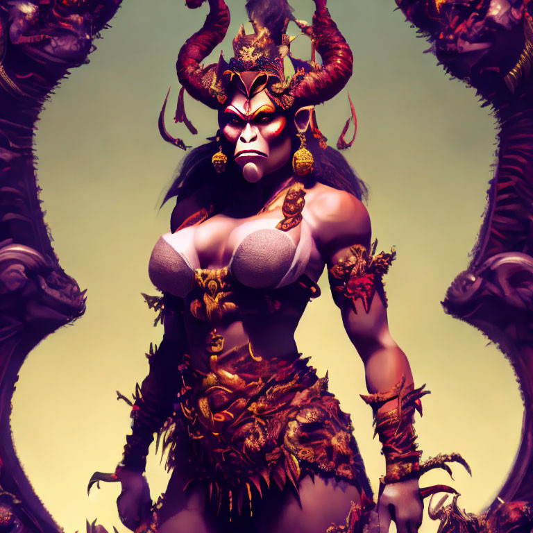 Fantasy character with horns in golden armor surrounded by dark serpents