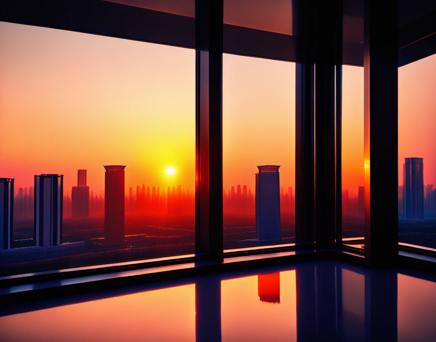 Cityscape sunset silhouette through high-rise windows