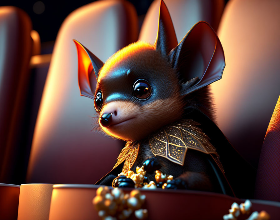 Whimsical 3D illustration: Bat with puppy features in armor with gold coins on red seat