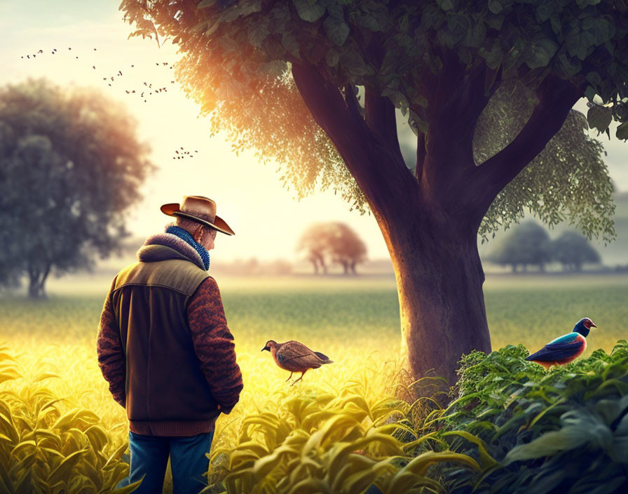 Person in Hat and Jacket Observes Birds in Serene Field with Lush Greenery