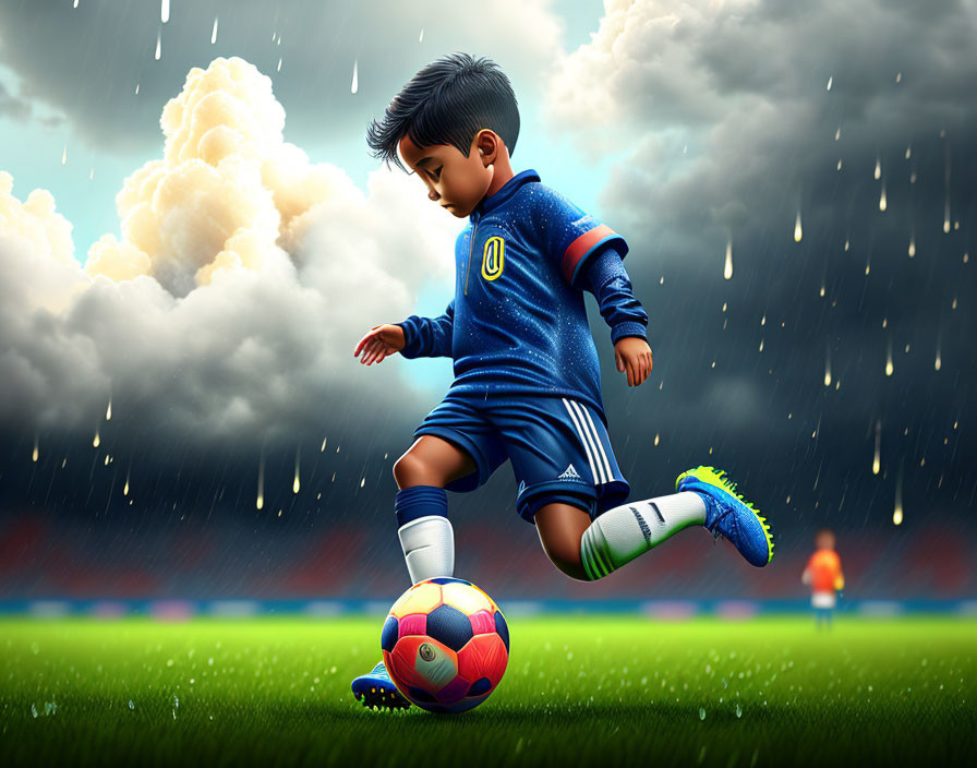 Young boy in blue soccer uniform kicking ball on rainy football pitch
