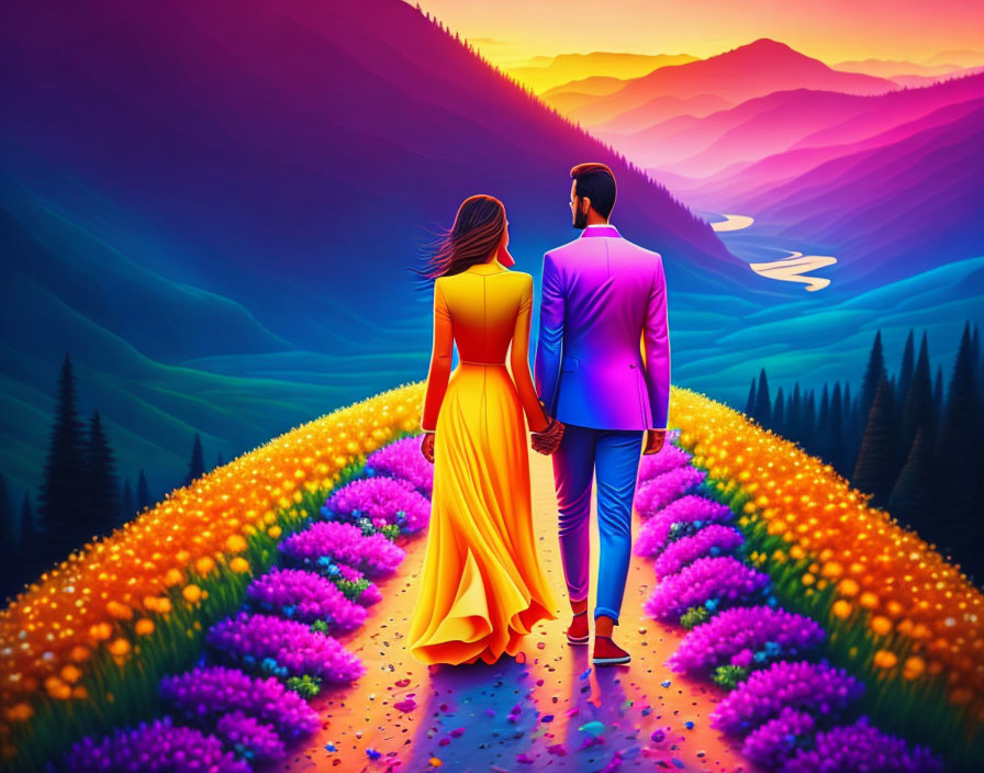 Couple walking through vibrant flower path with mountain and river view at sunset