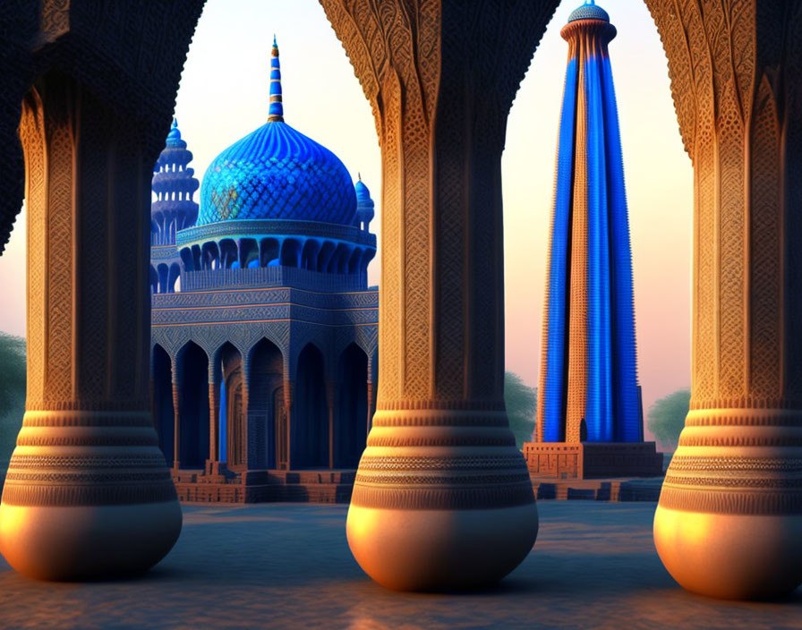 Digital illustration of ornate Eastern-inspired architecture with patterned arches, turquoise mosaic dome, and tall