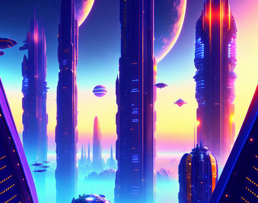 the futuristic scene with skyscrapers