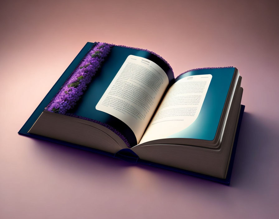 Purple flower book on pink surface: magical fantasy concept