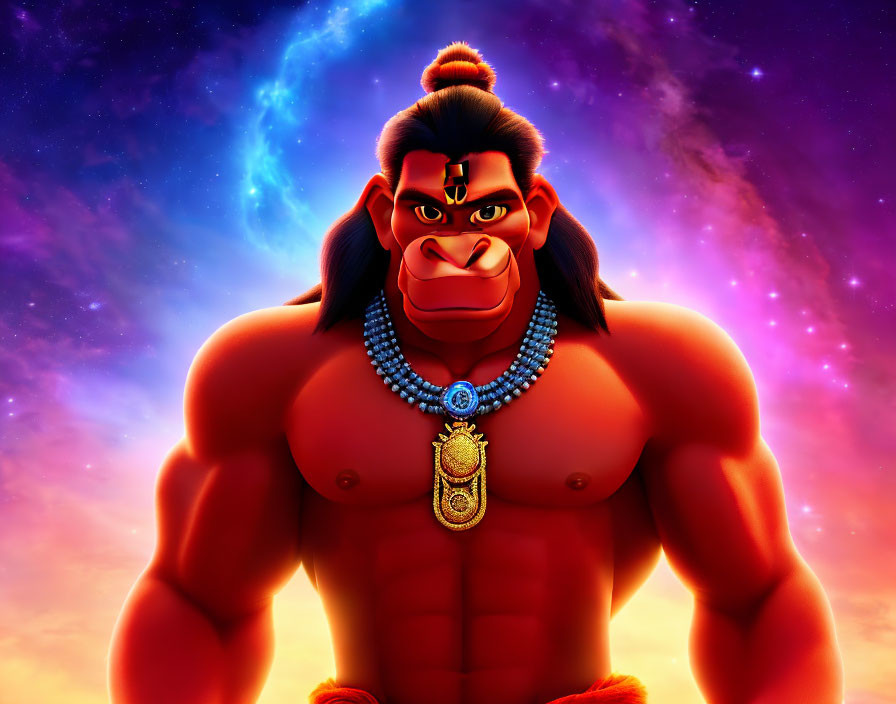 Muscular ape-like character with pendant necklace in cosmic sky animation