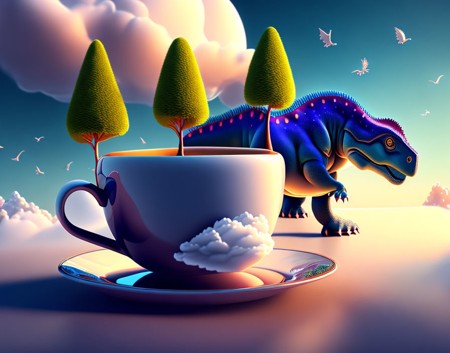 Colorful surreal artwork: bipedal dinosaur, giant tea cup, whimsical sky.