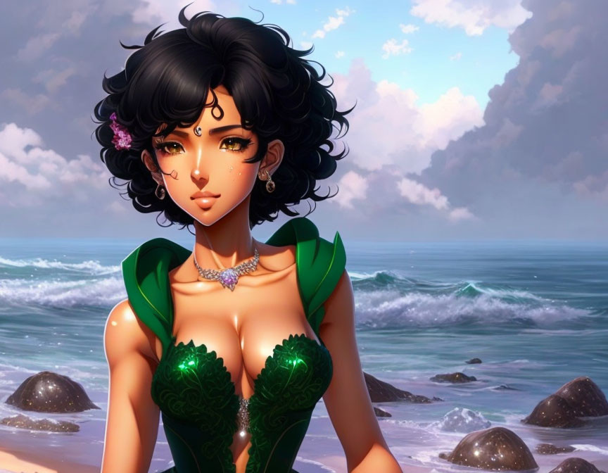 Illustration of female character with black hair in green dress on beach with waves and rocks.
