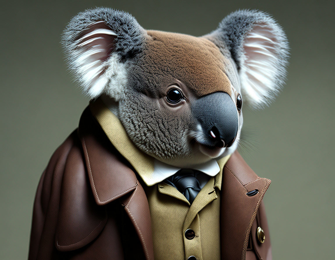 Koala in Brown Leather Jacket and Suit Exudes Sophistication