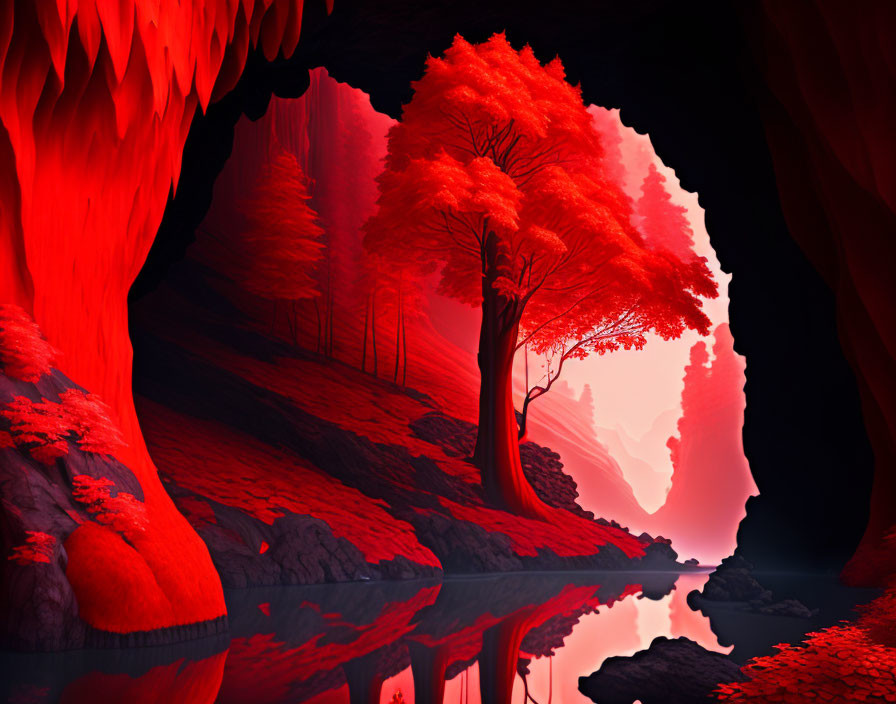 Red tree in cave