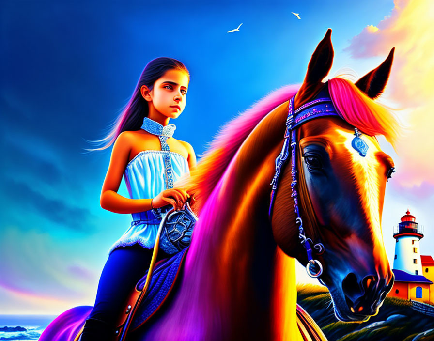Girl in Blue Attire Beside Horse and Lighthouse at Sunset