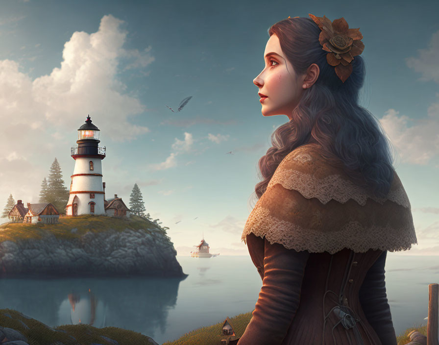 Vintage-dressed woman with flower in hair gazing at sea with lighthouse and ship in background