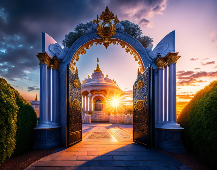 Blue and Gold Gates Opening to Radiant Sunset Behind Elegant Domed Structure