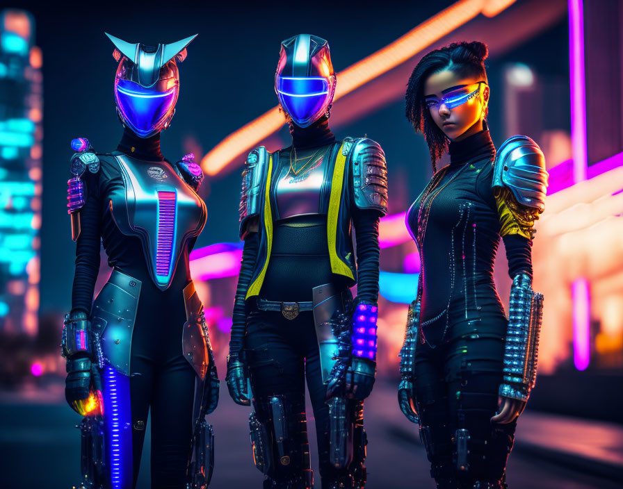 Three individuals in futuristic armor against a neon-lit cityscape at night