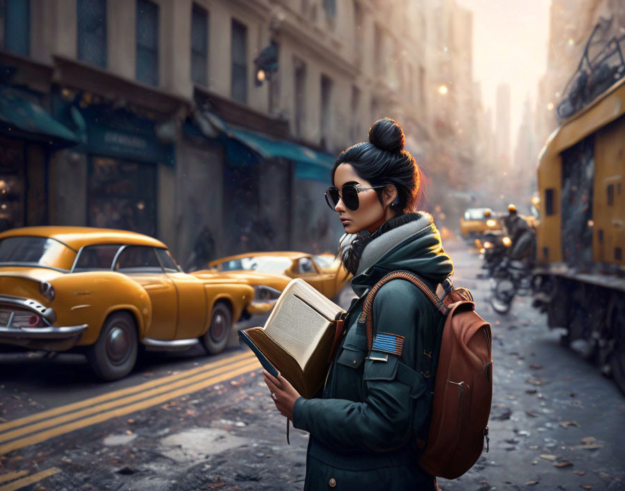 Woman with bun and sunglasses reading book on city street with vintage cars and golden lighting.
