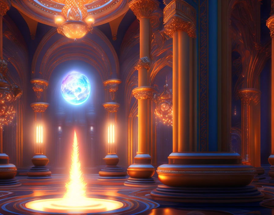 Opulent Hall with Golden Pillars, Blue Walls, Glowing Portal, and Fiery Beam