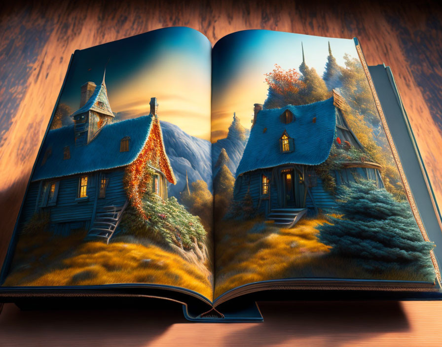 Realistic 3D fantasy landscape scene in an open book