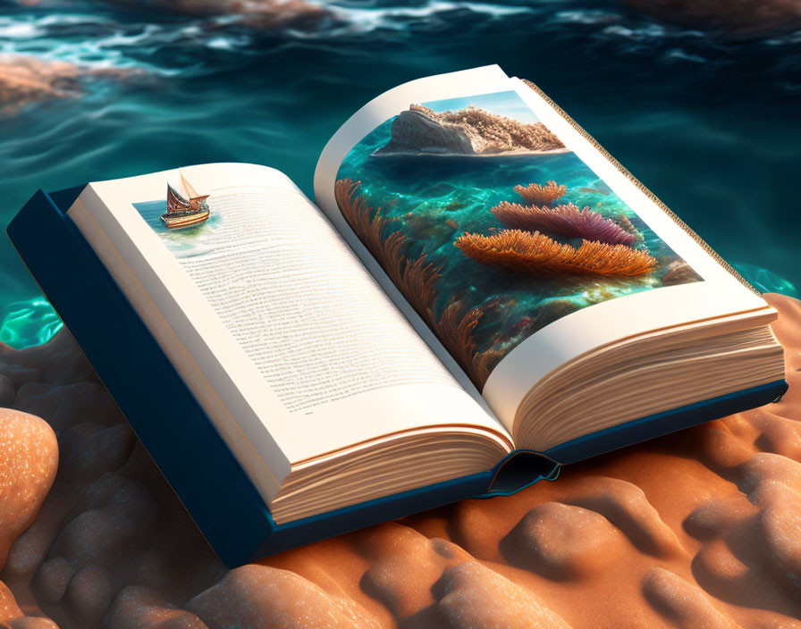 Realistic open book displaying vibrant coral reef and small boat