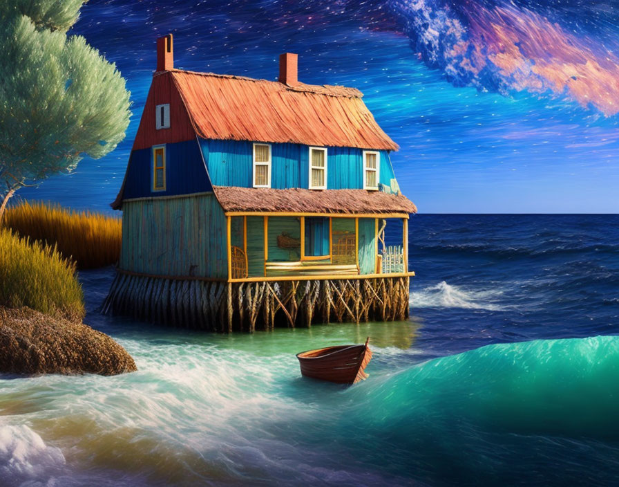 Vibrant sunset scene: colorful house on stilts by the sea with small boat under fluffy clouds