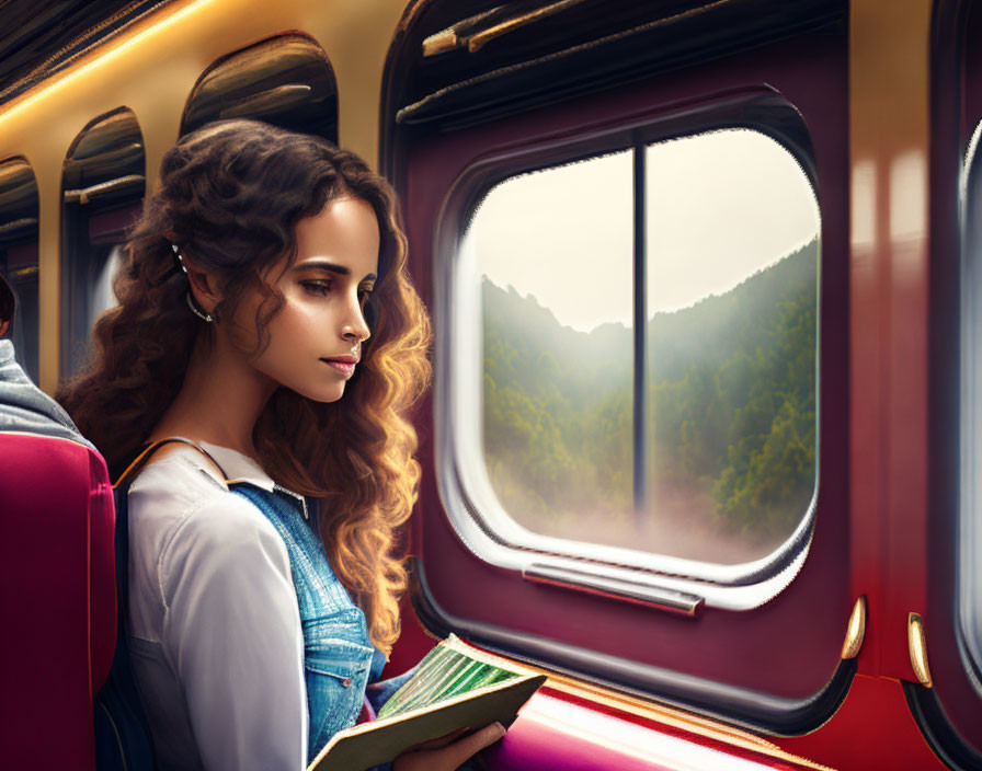 Curly-haired woman reading by train window with mountain view