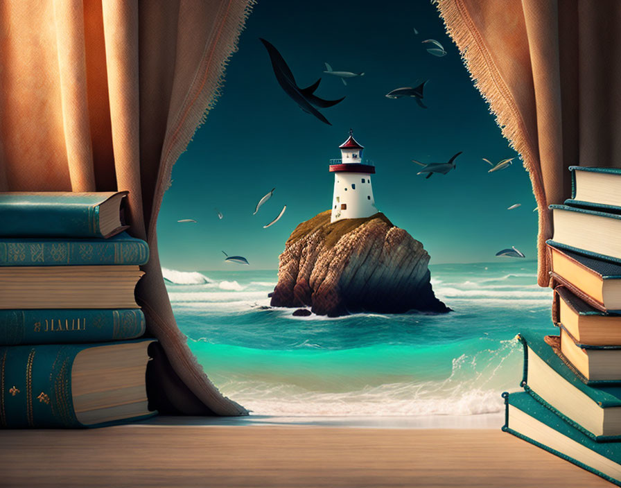 Lighthouse on rock in ocean with birds, curtains, and books