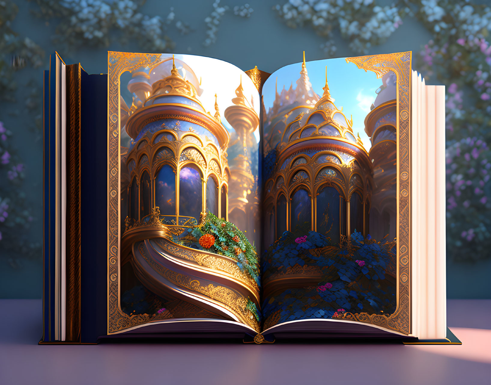 Intricate golden-edged open book reveals palace illusion at twilight