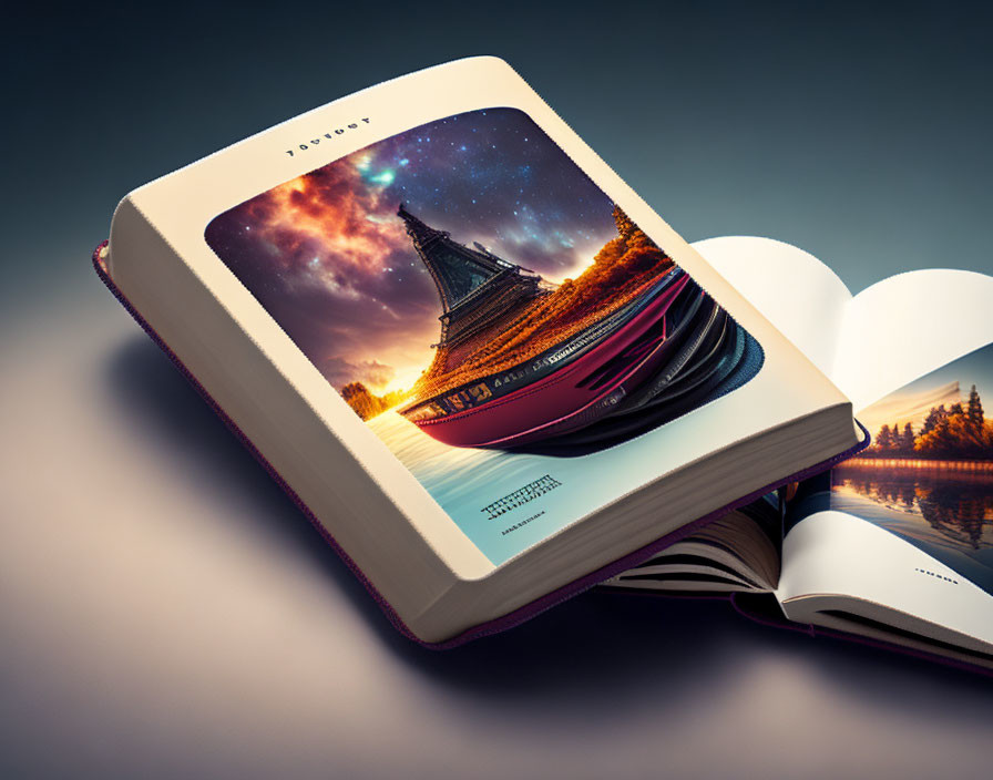 Open book displaying 3D landscape with starry sky and sunset